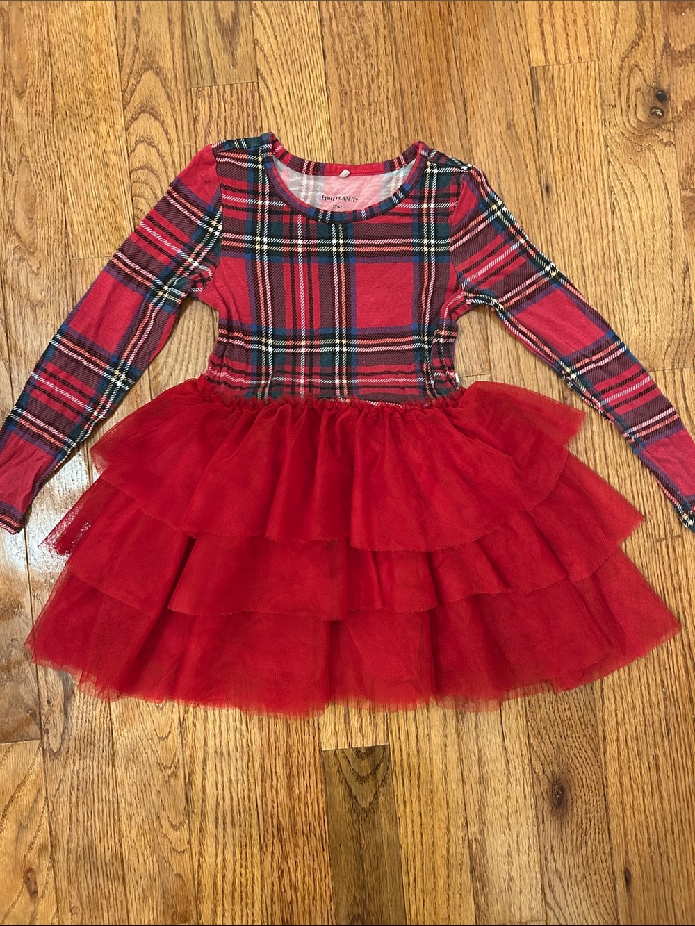 Posh Peanut Red Plaid Long-Sleeve Tulle Tiered Dress-3/4